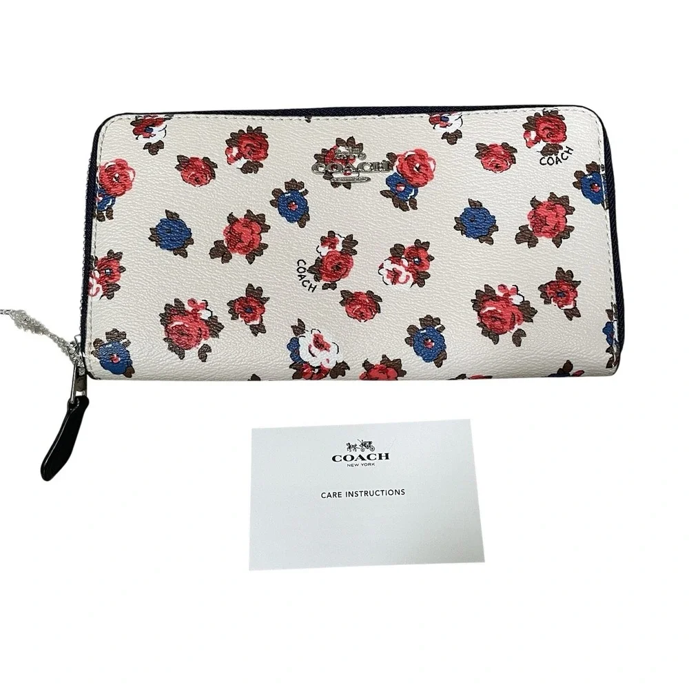Coach Tea Rose Floral Accordion Wallet White Pebbled Leather Zip Around NEW